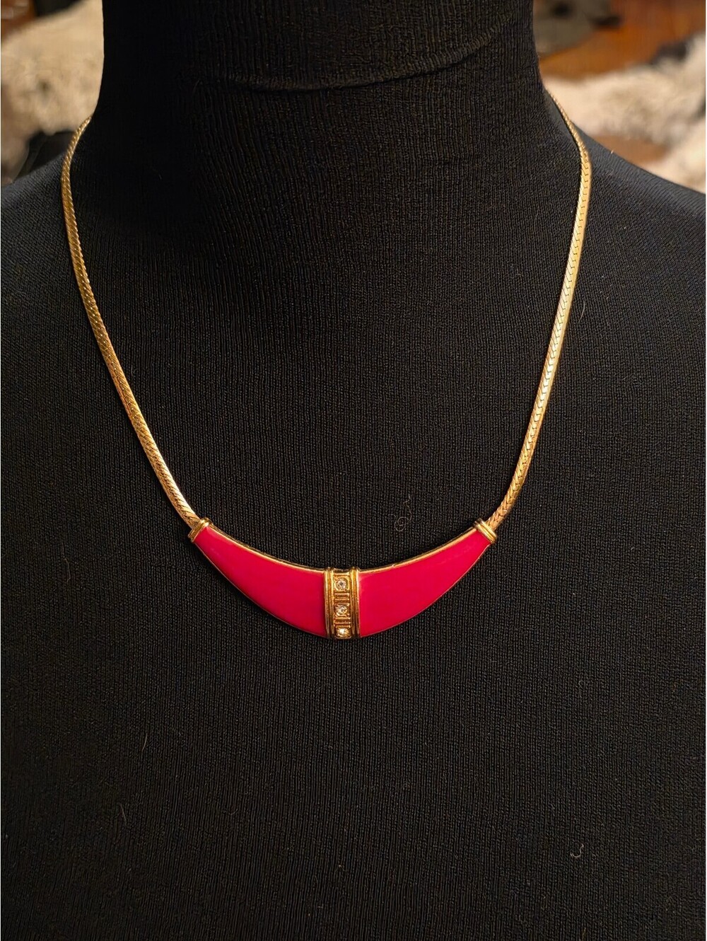 Vintage 80s Avon Red Enamel Crescent Necklace – Gold Herringbone Chain
